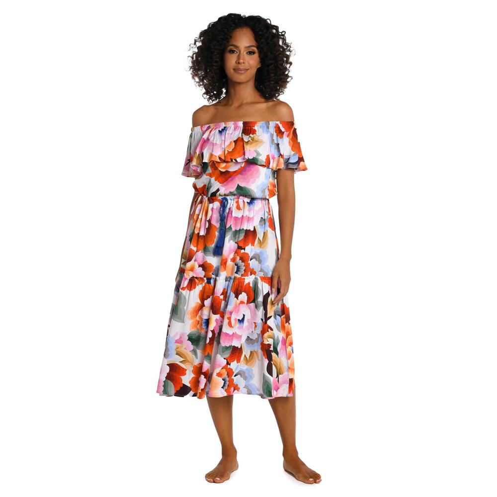 La Blanca Floral Rhythm Off-The-Shoulder Cover Up Dress Ruffled Bodice Large NWT